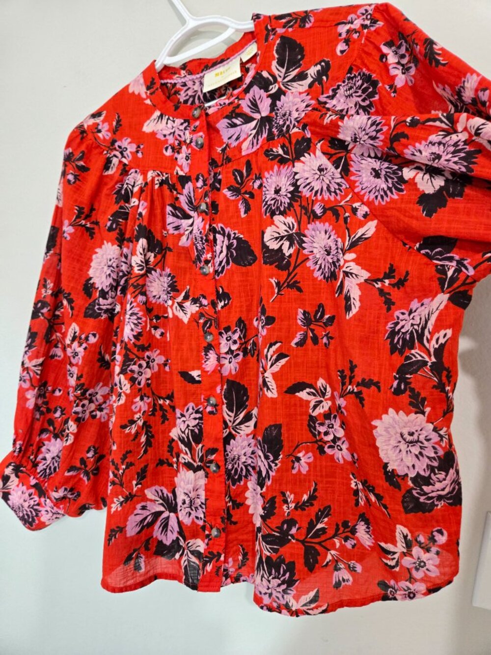 Maeve Anthropologie Red Orange Floral Pintucked Button-Down Boho blouse sz Large - Picture 4 of 14